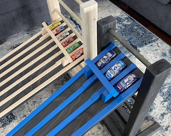 4' Kids Race Car Track + Adjustable Height Stand, 48" Matchbox Wooden Ramp, 3 Lane Road, Hot Wheels, Race Car Drive, 1.5 INCH LANES