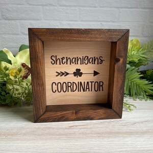 Shenanigans Coordinator, St Patrick’s Day Square Box Sign, Home Decor, Clovers, Tiered Tray, Rustic, Wood Framed Mini, Seasonal, Lucky
