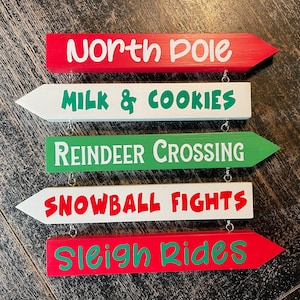 Holiday Mini Directional Arrows, 1.5x10 Inch Linked Travel Sign, Christmas Decor, Hanging Sign, North Pole, Santa, Reindeer, Sleigh Rides