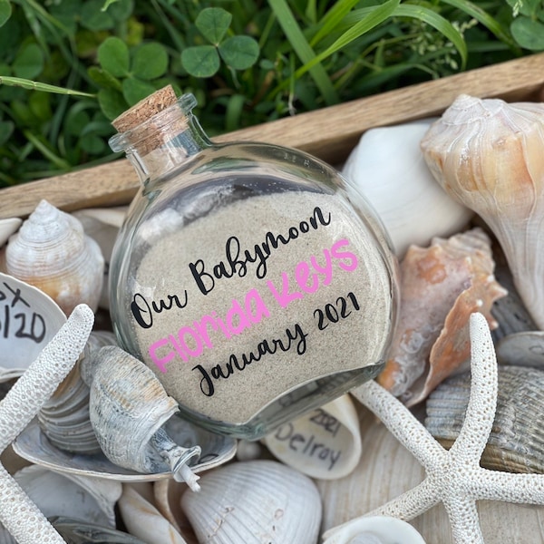 Babymoon Sand Jar, Sand Holder, Keepsake Jar, Anniversary Keepsake, Bridal, Gift, Beach Vacation, Honeymoon, 175mL Glass Round Bottle, Cork
