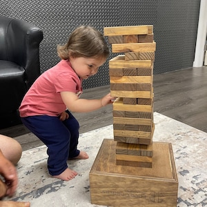 Junior Tumbling Tower, Stacking Game with Storage Crate, Personalized Yard Game, Laser Engraved Tricky Tower, Guestbook, Company Marketing