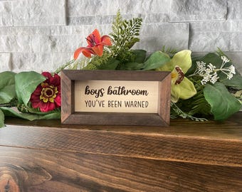 Boys Bathroom, Kids, Home Decor, Funny, Warning, Brothers, Dirty, Rectangle Box Sign, Tiered Tray Framed Mini