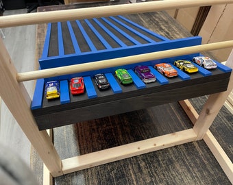 Up to 8 Lanes, 4' Kids Race Car Track + Adjustable Height Stand, 48" Matchbox Wooden Ramp, Hot Wheels, Race Car Truck Drive, Raceway