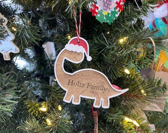 Dinosaur Ornament, Custom Name, Laser Engraved Text + 3D Boarder, Christmas Tree Decorating, Holiday Decor
