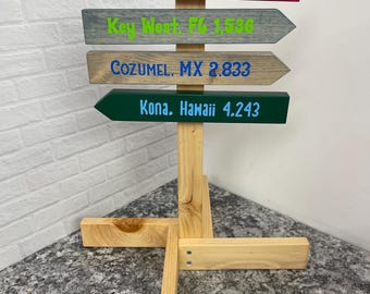 1-6 Mini Directional Arrows with Table Top Free Standing Post, Custom Travel Signs, Trail Head Display, Location, Destinations, Wedding