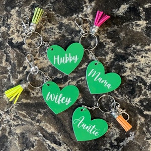 Personalized Heart Keychain, Acrylic or Wood, Mom, Grandma, Aunt, Dad, Brother, Sister, Custom Tag, Name, Backpack, Luggage, Favor, Gift