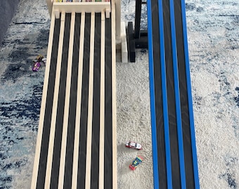 6' Kids Race Car Track + Adjustable Height Stand, 3 Lanes, 72" Matchbox Wooden Ramp, Hot Wheels, Car, Truck, Raceway, 1.5 INCH LANES