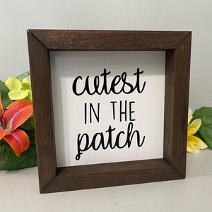 以下が含まれることがあります： 白い背景に黒い文字で「cutest in the patch」と書かれた、茶色の木製の額縁付きの看板です。