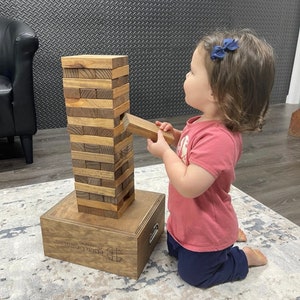 Junior Tumbling Tower, Stacking Game with Storage Crate, Personalized Yard Game, Laser Engraved Tricky Tower, Guestbook, Company Marketing