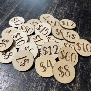 Laser Engraved Price Tags, 1-2” Wood Circles, Mini Rounds, Bulk Shapes, DIY, Craft, Sensory Bin Filler, Classroom, Learning, Up to 100