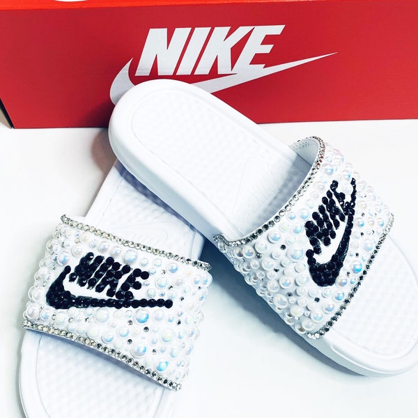 Custom White Nike Slides for Women | White and Black Rhinestone Nike Slides for Women | Beach Slides for Women and Young Adults