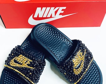 Black and Gold Bling Nike Slides | Custom Nike Slides | Black Nike Flip Flops | Bridal Slides for Women | Nike Slides for Women