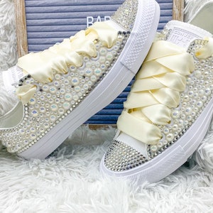 Wedding Shoes for Brides Bling and Pearl Wedding Custom Converse Bride ...