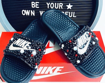 Bling Custom Slides for Women |  Nike Slides with Rhinestones | Bling Nike Custom Slides | Black Nike Slides with Rhinestones