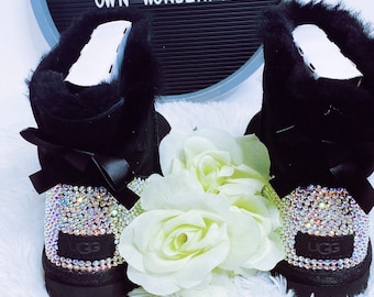 Black UGG Bailey Bow II Boots | Bling UGG Boots | Black Australian Fur Boots | Rhinestone Bling Ugg Boots | Boots with Fur for Women