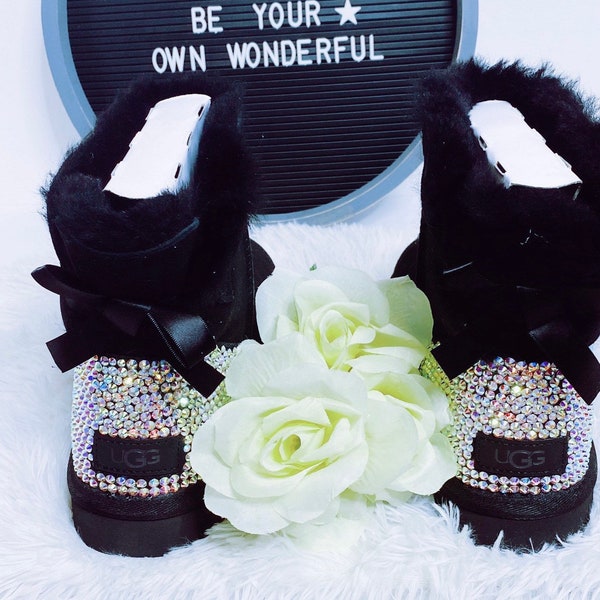 Black UGG Bailey Bow II Boots | Bling UGG Boots | Black Australian Fur Boots | Rhinestone Bling Ugg Boots | Boots with Fur for Women