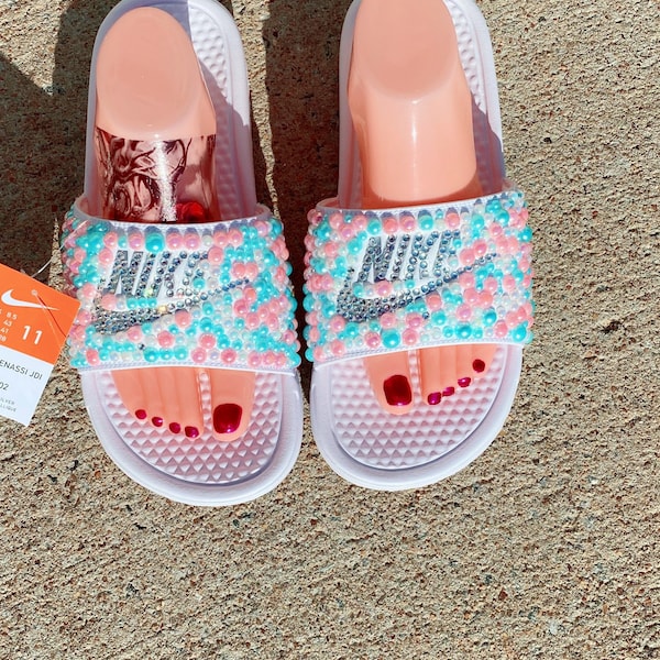 Rhinestone Bling Nike Slides for Women | Nike Slides Customized | White Nike Slides