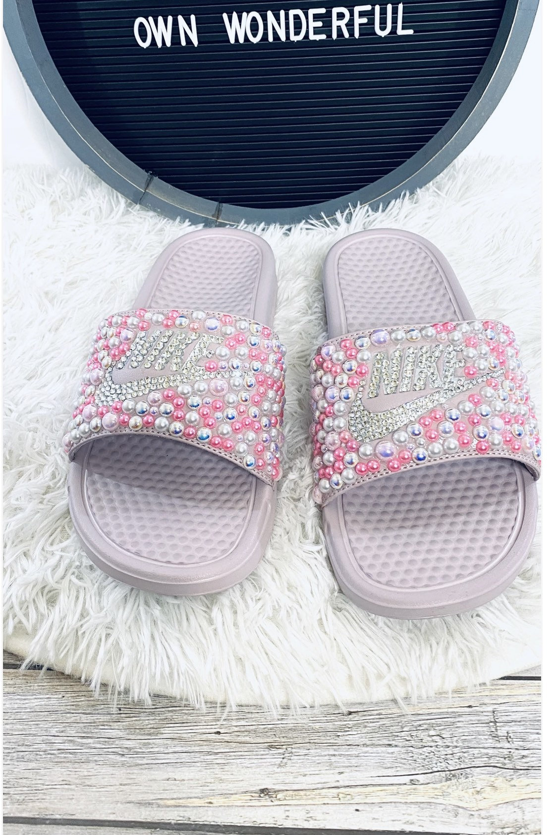 Cross Pattern Mink Slides - Pearl Pink - velurboutique