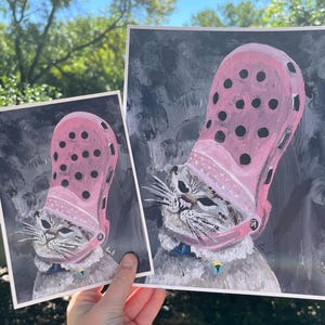 Chat coiffé d'un crocodile rose - Impression sur papier cartonné de qualité professionnelle