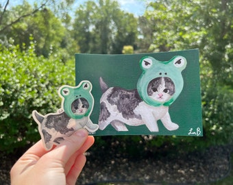 Frog Hat Cat 3" Vinyl Sticker and Photo Print