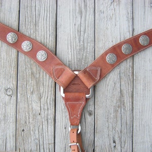 West 74 Hermann Oak Harness Leather Breast Collar Floral Sterling Overlaid Conchos