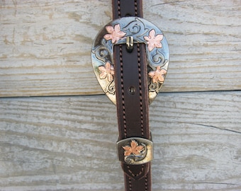 West 74 Dark Brown Leather 3/4&quot; One Ear Wildflower Copper Floral Buckle Headstall