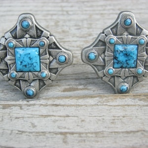 Nickel Turquoise Stones Square Diamond Conchos Set of 2 Screw Backs 1-1/4&quot;