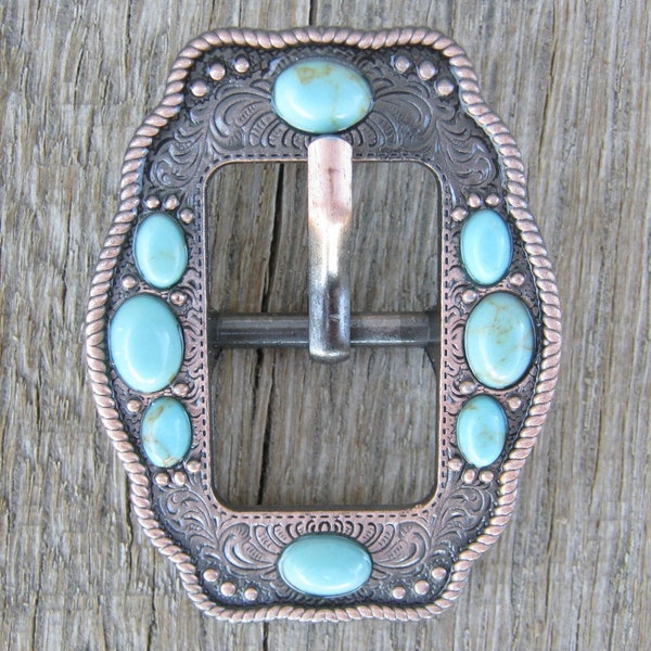Laredo Engraved Copper Rope Turquoise Stones Cart Buckle 3/4"