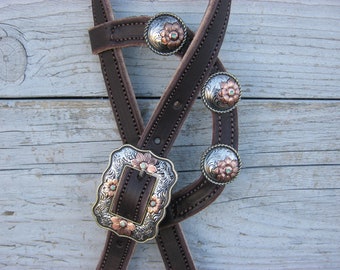 Dark Brown Leather One Ear Headstall: Floral Copper Silver Buckle