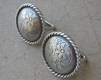 Floral Engraved Rope Edge 1-1/2" Concho Browband Loop Back Rosette Set of 2