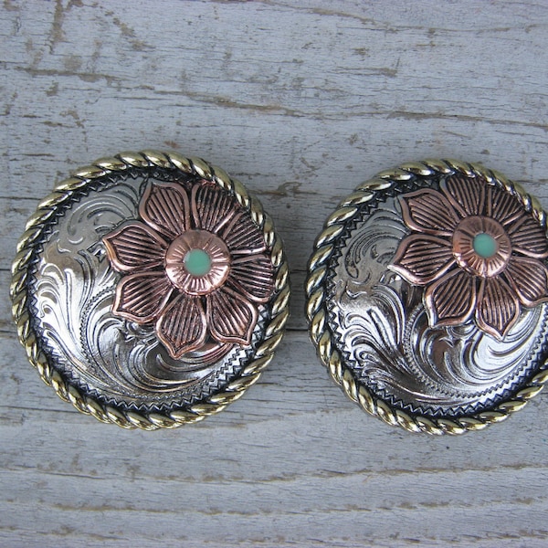 Floral Rope Edge Concho Chicago Screw Copper Nickel Brass Turquoise 1" 1-1/2" Set of 2