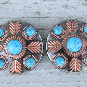 Feathered Turquoise Concho Chicago Screw Copper Feathers 1" 1-1/2" Set of 2