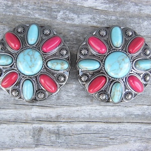 Painted Desert Turquoise Red Stone Concho 1-1/2" Chicago Screw Screw Back Set of 2