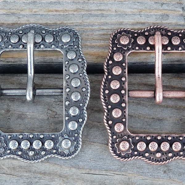 Lot of 2 Scalloped Berry Buckles Antique Nickel Copper Center Bar 3/4"