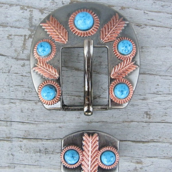 Feathered Turquoise Buckle with Loop Heel Bar Copper Feathers 3/4"