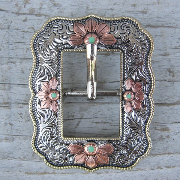 Floral Rope Edge Cart Buckle Copper Nickel Brass Turquoise 3/4"