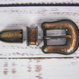 3 Piece Copper Engraved Rope Edge Buckle Set Loop Tip 3/4&quot;