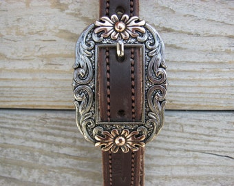 Stitched Chocolate Brown Leather Headstall: Floral Copper Buckle, 3/4&quot;