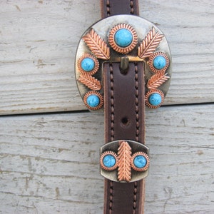 West 74 Dark Brown Leather 3/4&quot; One Ear Feathered Turquoise Buckle Loop Headstall