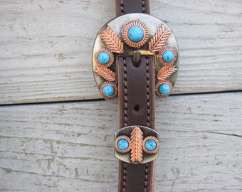 West 74 Dark Brown Leather 3/4&quot; One Ear Feathered Turquoise Buckle Loop Headstall