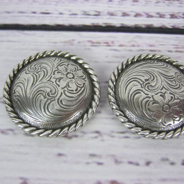 Lot of 2 Floral Engraved Rope Edge Antique Silver Concho 1" 1-1/2" Chicago Screw Back