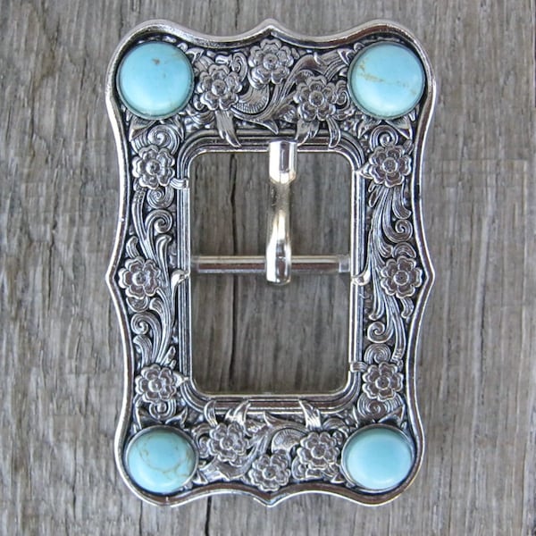 Barstow Engraved Nickel Floral Turquoise Stones Cart Buckle 3/4"