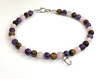 Crystal Healing Collar, Amethyst, Rose Quartz, Tigers Eye, Quartz Point Charm