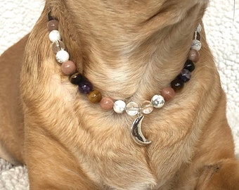 Crystal Healing Dog Collar, Amethyst, Tigers Eye, Moon Charm