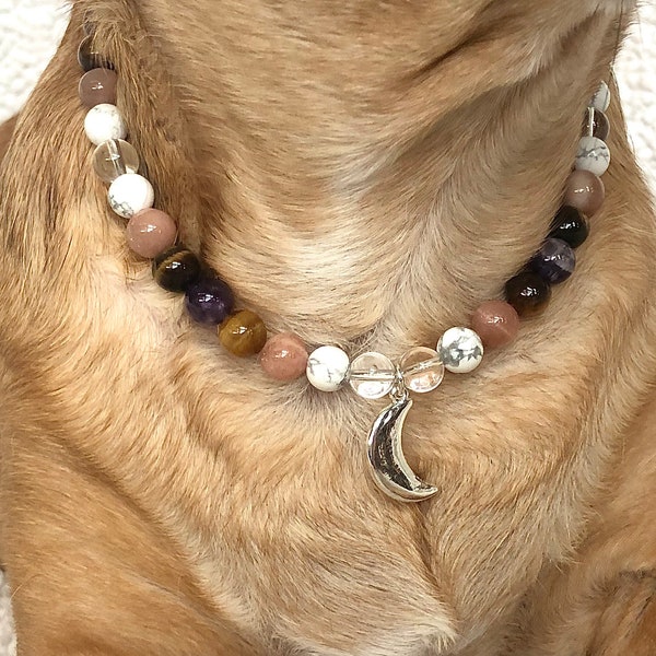 Crescent Moon, Crystal Dog Collar, Amethyst, Tigers Eye, Howlite, Sunstone, Crystal Cat Collar, Reiki Charged, Necklace for Dog,Gift for Pet