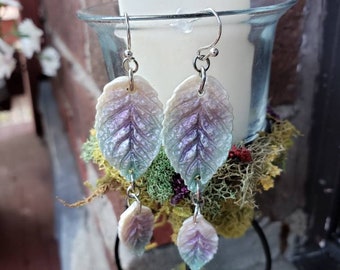 Leaf Earrings, Winter Earrings, Clay Earrings, Handmade Jewelry, Cottagecore Jewelry, Fairy Earrings, Whimsigothic Jewelry, Forest Earrings