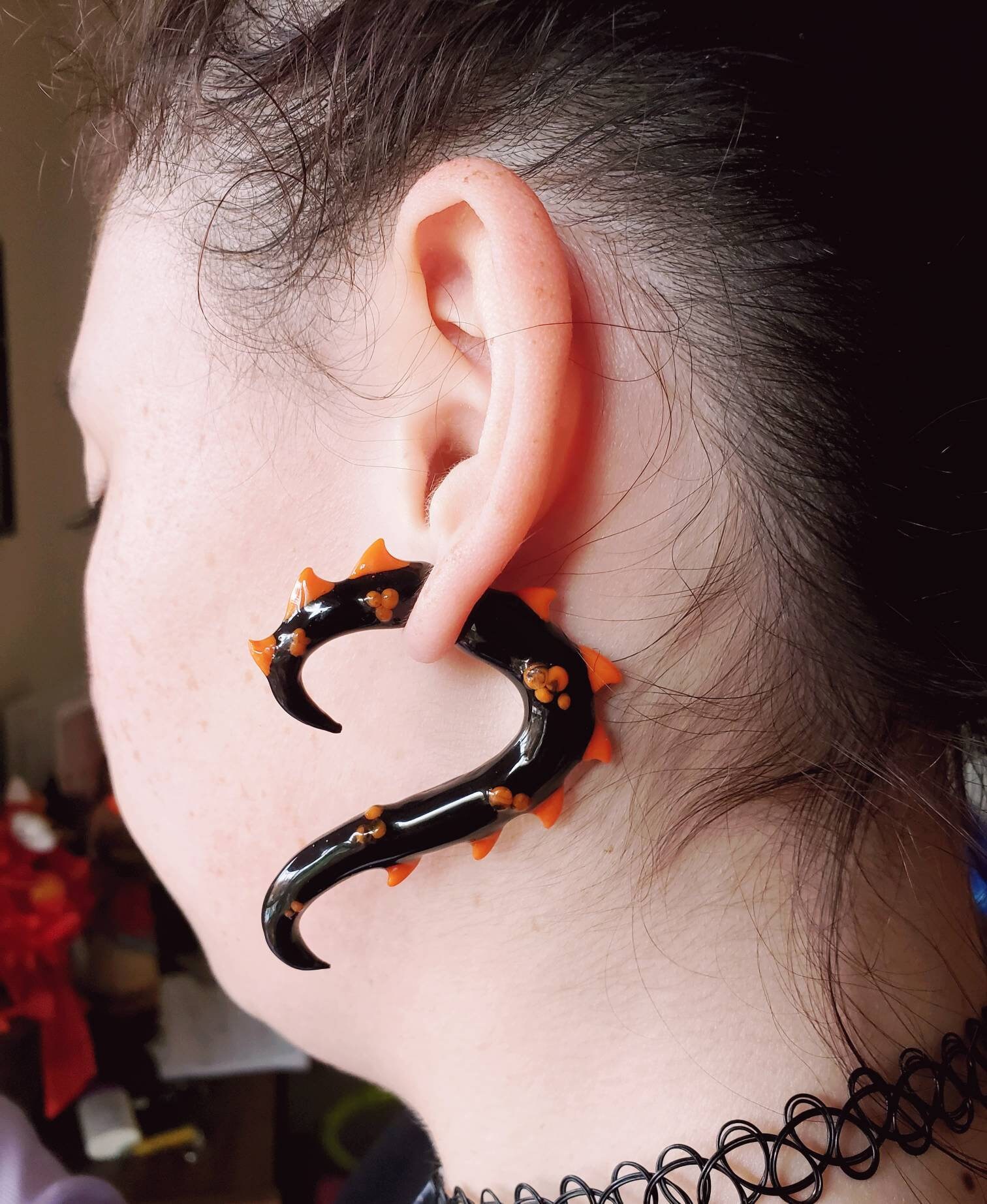 Faux Gauge Earrings Black and Orange Dragon Scales spikes Earrings Animal Inspired Fantasy Creatures Whimsigothic Jewelry Etsy