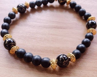 Black Onyx Bracelet; Gold and Matte Beaded Bracelet