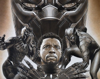 May include: A black and white illustration of Black Panther, a superhero from Marvel Comics. The image features three Black Panther figures, including a close-up of the character's face wearing a mask.
