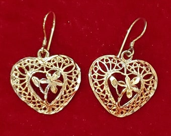 Sterling silver, gold wash, heart and flower filigree, earrings, Valentine's Day gift, marked 925